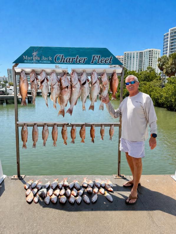 Captain Tino with a day’s catch of snapper and grouper in Sarasota