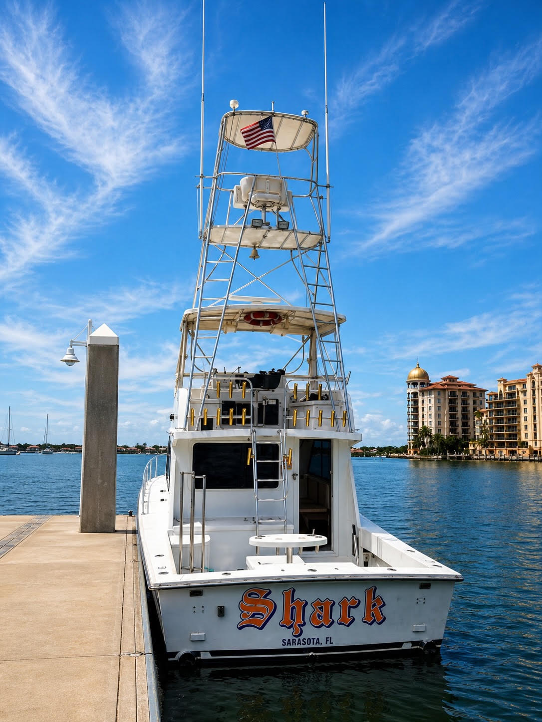 The Shark, a 41 foot FITZ sportfishing charter boat, docked in Sarasota, FL